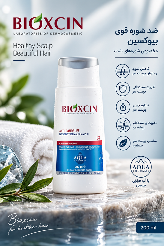 شامپو ضد شوره مو بیوکسین مدل AQUA THERMAL حجم 300 میلیلیتر، آبرسان، تقویتکننده پیاز مو، فاقد سولفات، مناسب انواع مو، حاوی بیوتین و گوگرد