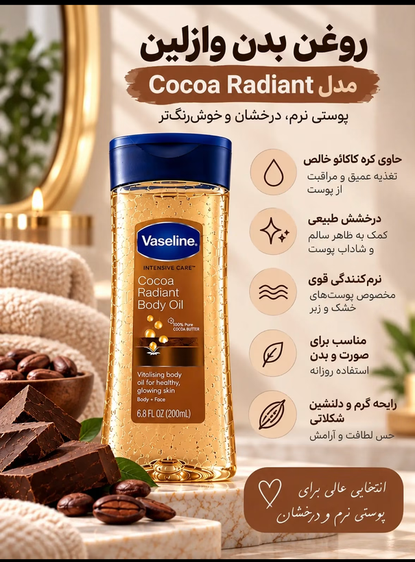 روغن بدن وازل این مدل Cocoa Butter حجم 200 میلیلیتر حاوی کره کاکائو خالص، ترمیمکننده پوست خشک و حساس، جذب سریع، حفظ رطوبت و ایجاد حس بدون چربی